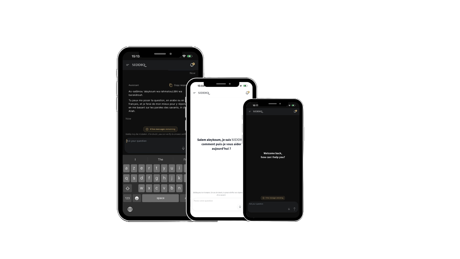 SIDDIQ Islamic AI Assistant App Screenshot showing Quran and Hadith-based answers